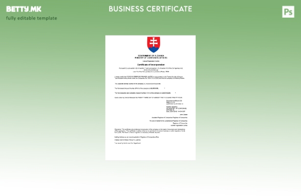 модерен стил Словачка сертификат за регистрација на бизнис Шаблон за Word и PDF